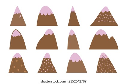 Vector color children hand drawn doodle mountain illustration.Set of hand drawn doodle mountains on white background