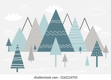 Vector color children hand drawn doodle mountain illustration in scandinavian style. Mountain landscape, clouds. Children's wallpaper. Mountainscape, children's room design, wall decor. Mural.