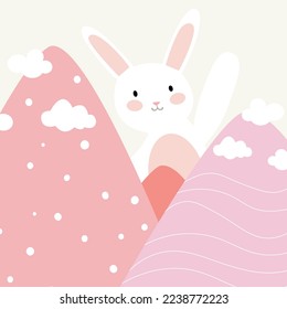 Niñez de color vectorial dibujado a mano doodle ilustración de montaña al estilo escandinavo. Paisaje montañoso, nubes. Papel tapiz infantil. Paisaje montañoso, diseño de habitaciones para niños, decoración de pared.