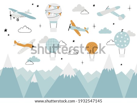 Vector color children hand drawn  mountain, aircraft, air balloon and clouds illustration in scandinavian style. Children's wallpaper. Mountainscape, children's room design, wall decor.
