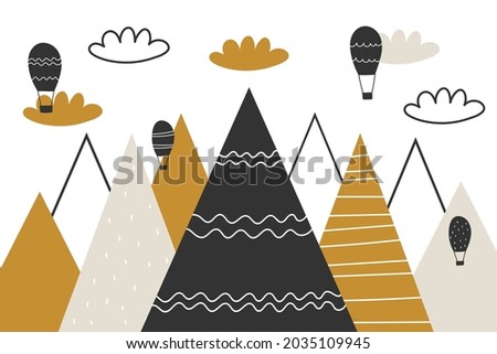 Vector color children hand drawn mountain, air balloon and clouds illustration in scandinavian style. Mountain landscape. Children's wallpaper. Mountainscape, children's room design, wall decor.