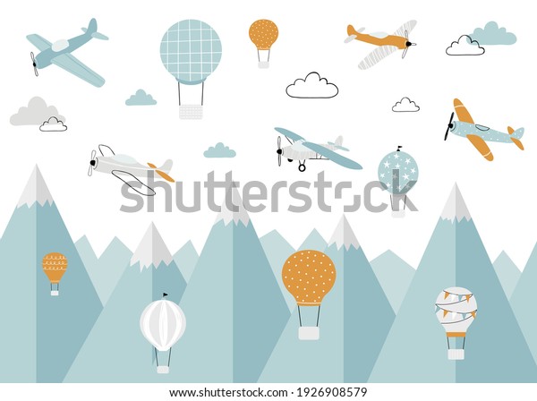 Vector color children hand drawn mountain, aircraft, air balloon and clouds illustration in Scandinavian style. Children's wallpaper. Mountains-cape, children's room healthcare wall art. 