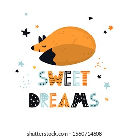 Vector color children's cute poster, print, postcard with a red fox and the inscription sweet dreams in Scandinavian style on a white background. Vector cute baby fox illustration. Cute baby animals.