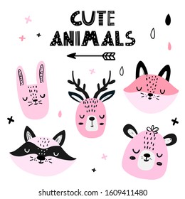 Vector color children's hand drawn set with cute baby animals in Scandinavian style on a white background. Cute baby animals. Forest animals. Fox, deer, raccoon, bear, hare.