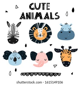 Vector color children's hand drawn set with cute baby animals in Scandinavian style on a white background. Cute baby animals. African animals. Zebra, lion, hippo, koala, elephant, giraffe.