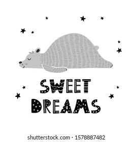 Vector color children's illustration, poster, print with cute sleeping bear, stars and lettering of sweet dreams in Scandinavian style on a white background. Cute baby animals.