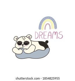 Vector color children's illustration, poster, print with cute panda on a cloud on a white background.