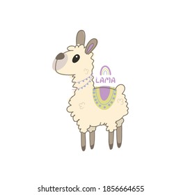 Vector color children's illustration, poster, print with a cute llama on a white background.