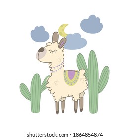 Vector color children's illustration, poster, print with a cute llama on a white background. Alpaca. Cute baby animals. Llama with cacti