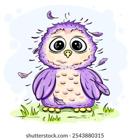 Vector color children's illustration with a purple owl on the grass