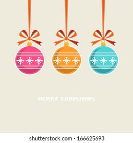 Vector color Christmas balls with ribbon and bow. Original design element. Simple festive label. Greeting, invitation cute card with lettering - Merry Christmas. Decorative illustration for print, web