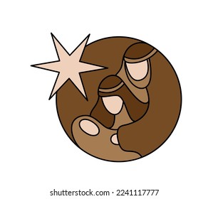 Vector color Christmas Christian religious Nativity Scene of baby Jesus with Mary, Joseph and star in round. Logo icon sketch. Doodle hand drawn illustration.