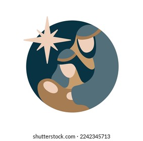 Vector color Christmas Christian religious Nativity Scene of baby Jesus with Mary, Joseph and star in round. Logo icon sketch. Doodle hand drawn illustration.