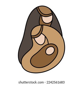 Vector color Christmas Christian religious Nativity Scene of baby Jesus with Mary and Joseph. Logo icon sketch. Doodle hand drawn illustration.