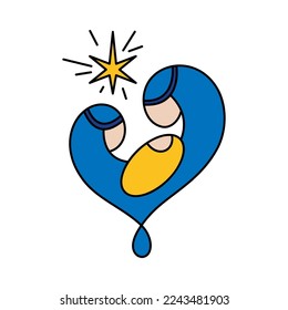 Vector color Christmas Christian religious Nativity Scene of baby Jesus with Mary, Joseph and star in form of heart. Logo icon sketch. Doodle hand drawn illustration.