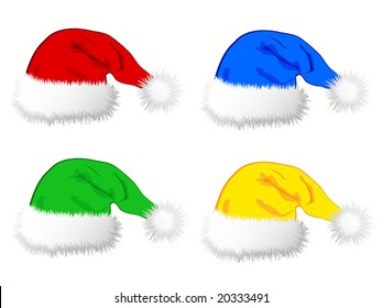 different colored santa hats