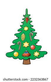 Vector color Christmas tree decorated with xmas balls, toys, decorations. Decoration element, clip art for New year, Xmas