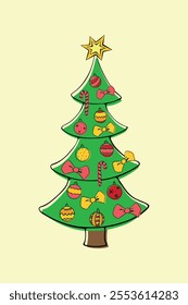 Vector color Christmas tree decorated with xmas balls, toys, decorations. Decoration element, clip art for New year, Xmas