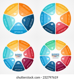 Conjunto de infografías de círculos de color vectorial. Plantilla para diagrama, gráfico, presentación y gráfico. Diseño de concepto de negocio con 5, 6, 7, 8 opciones, piezas, pasos o procesos. Antecedentes abstractos.