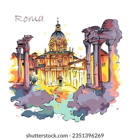 Vector color city view of ancient ruins of Roman Forum in old city in Rome, Italy