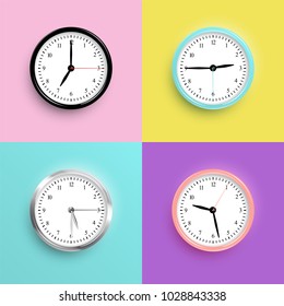 Vector color clocks isolated on different backgrounds.
