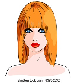 vector color close-up sketch of a beautiful young Caucasian girl with long foxy hair and a serious look