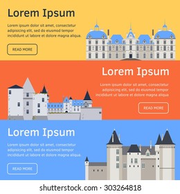 Vector color collection of banners with medieval castle in flat material style and template  text. European landmark. Travel theme.