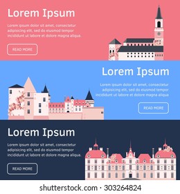 Vector color collection of banners with medieval castle in flat material style and template  text. European landmark. Travel theme.