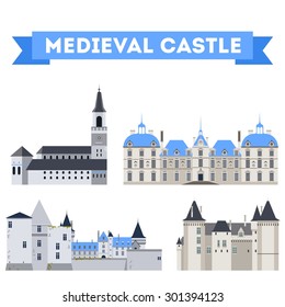 Vector color collection of icon with medieval castle in flat material style. European landmark. Travel theme.