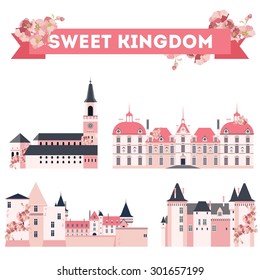 Vector color collection of pink castle in flat material style. Sweet Kingdom. Fantastic theme.