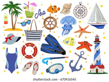 Vector color collection of signs and symbols of sea or oceanic rest on a white background. Seaside vacation and paraphernalia.