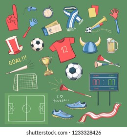 Vector color collection of sketches of football and fan attributes