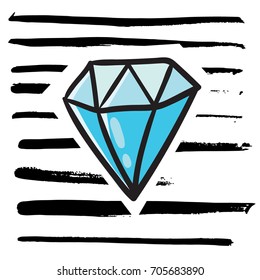 Ilustración delineada de la historieta del estilo del cómic del color del Vector de la gema brillante del diamante en el fondo negro dibujado a mano rayado de la tinta del trazo del cepillo para el diseño de la impresión de la camiseta de la materia textil