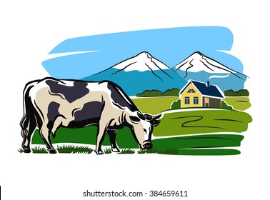 vector color cow and farm on white background