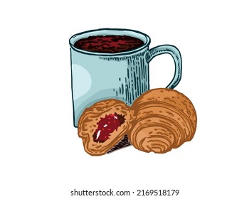 Vector Color Croissants With A Mug Of Tea Or Coffee Isolated On White Background,food Illustration For Bakery Ad Caffee Design