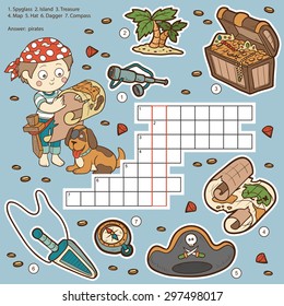 Vector color crossword, education game for children about pirates (spyglass, island, treasure, map, hat, dagger, compass)