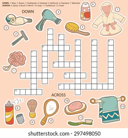 Vector color crossword, education game for children about bathroom and beauty items (wisp, shaver, toothpaste, hairdryer, hairbrush, shampoo, bathrobe, spray, mirror, soap, towel) svg