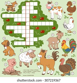 Vector color crossword, education game for children about farm animals