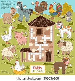 Vector color crossword, education game for children about farm animals