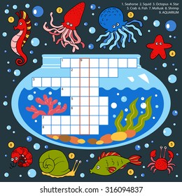 Vector color crossword, education game for children about fish and ocean world