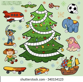 Vector color crossword, education game for children about Christmas gifts