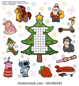 Vector color crossword, education game for children about Christmas presents