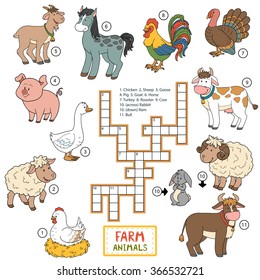 Vector color crossword, education game for children about farm animals
