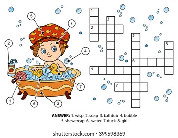 Vector color crossword, education game for children. The girl takes a bath with foam svg