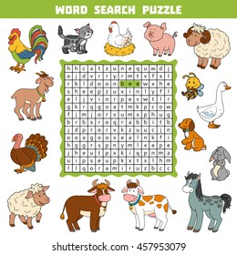 Vector color crossword, education game for children about farm animals and pets. Word search puzzle