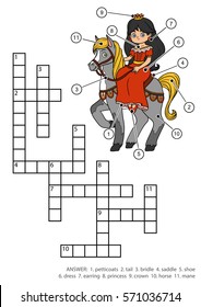 Vector color crossword, education game for children. Princess and horse
