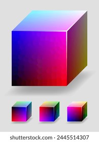 Vector color cube with blue and red gradients, representing a part of RGB color space. 4 different views