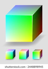 Vector color cube with cyan and yellow gradients, representing a part of RGB color space. 4 different views