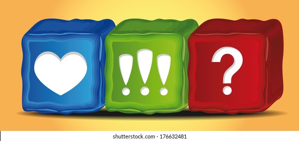 vector color cube icons. Heart, exclamation mark, question mark
