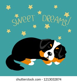 Vector Color Cute Bernese Mountain Dog Pet Animal  Sleeping Cartoon Doodle Pattern Simple Childish Design For Textile Paper Sweet Dreams Word Lettering